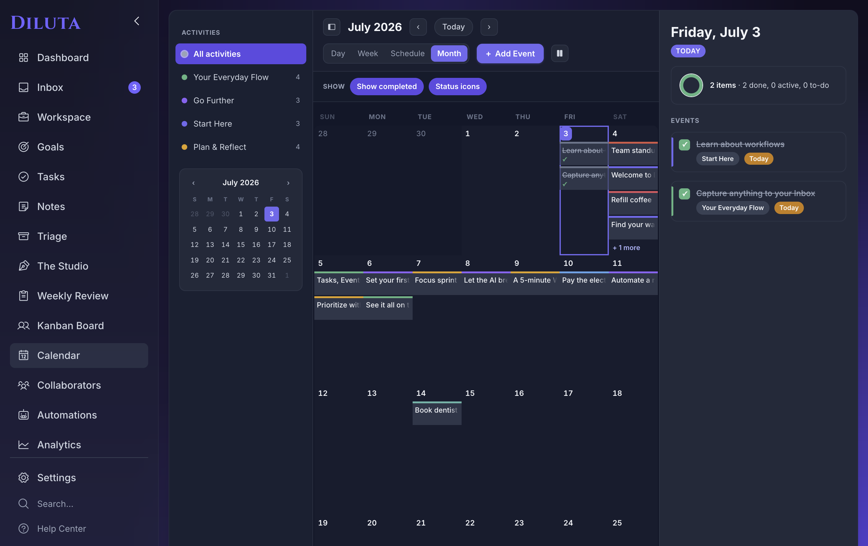 Diluta calendar with tasks and Apple events